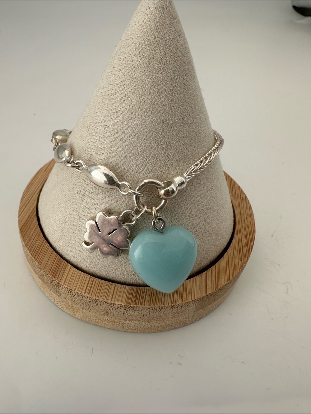 Silver 950 and Blue stone Heart Charm and clover charm Bracelet